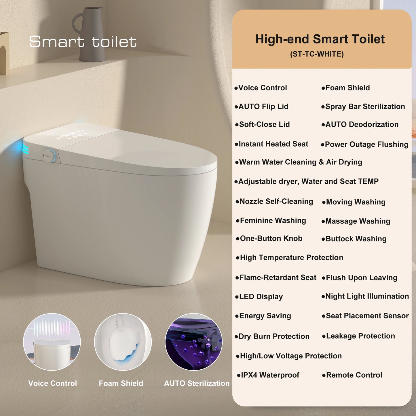 Smart Toilet With Built-In Bidet Auto Open Close Dual Flush