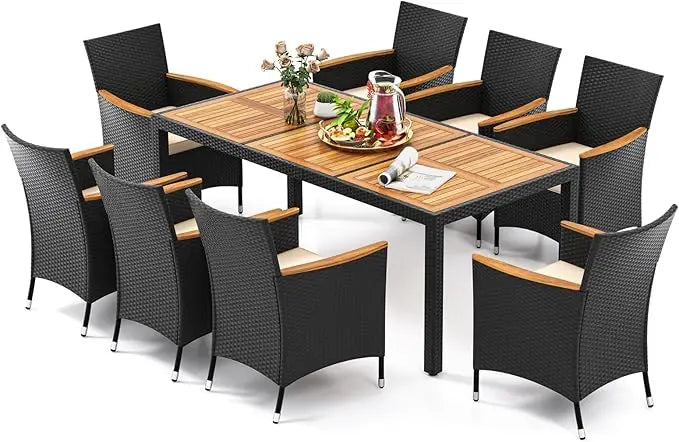 Rattan Outdoor Dining Set 9 Pieces With Cushioned Wicker Chairs