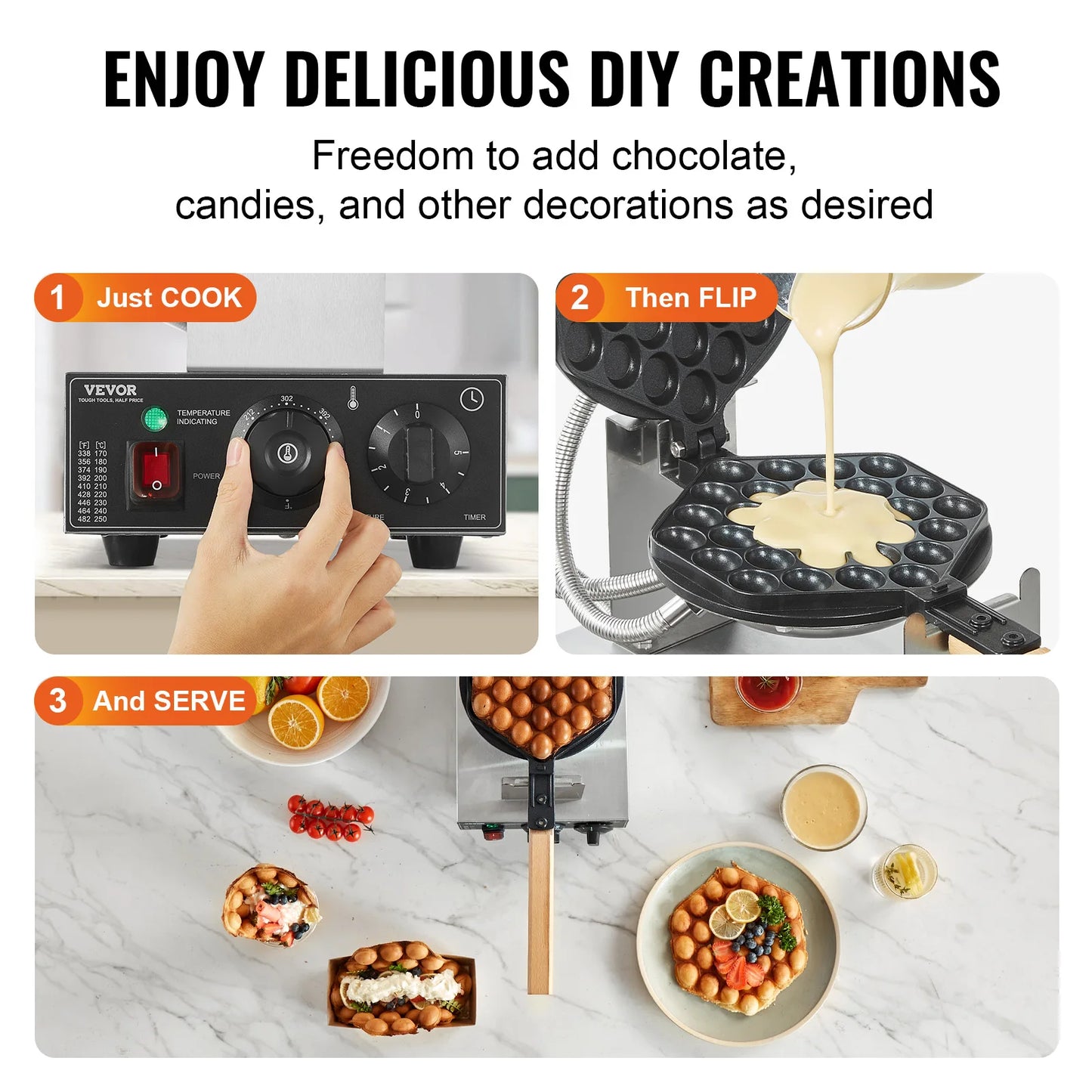 VEVOR SucceBuy Commercial Egg Bubble Waffle Maker 1400W Rotatable 2 Pans