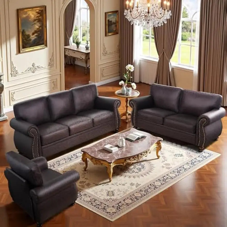 Mid-Century Vintage Sofa Set With Rivet Design For Living Room