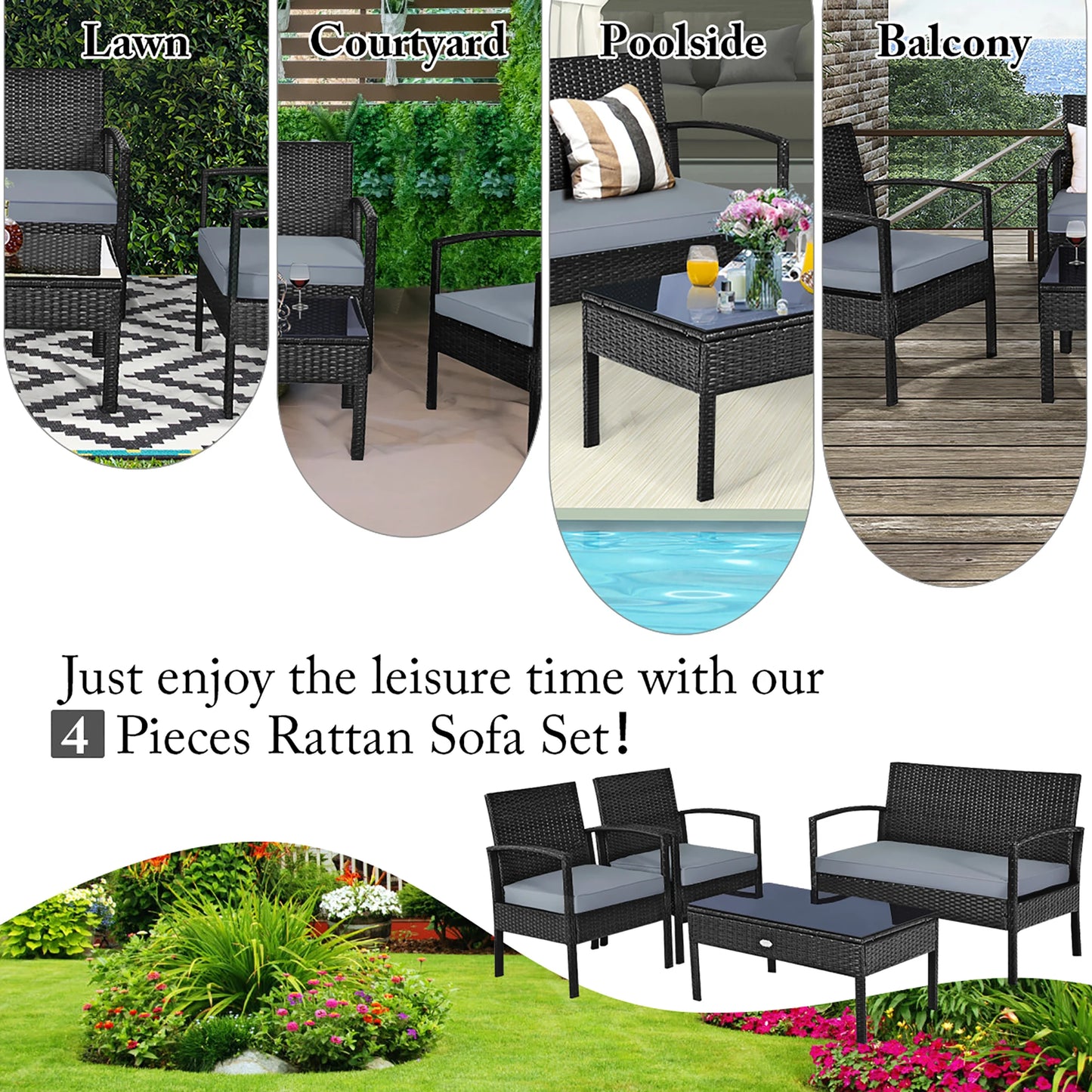 HOMASIS 4-Piece Outdoor Patio Rattan Wicker Set Cushioned Chairs Table