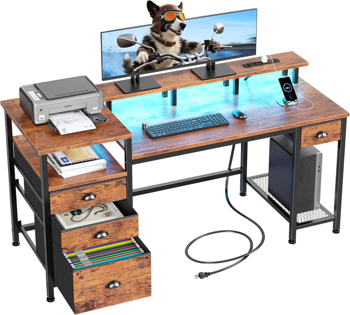 Computer Desk With 4 Drawers And Printer Space LED USB