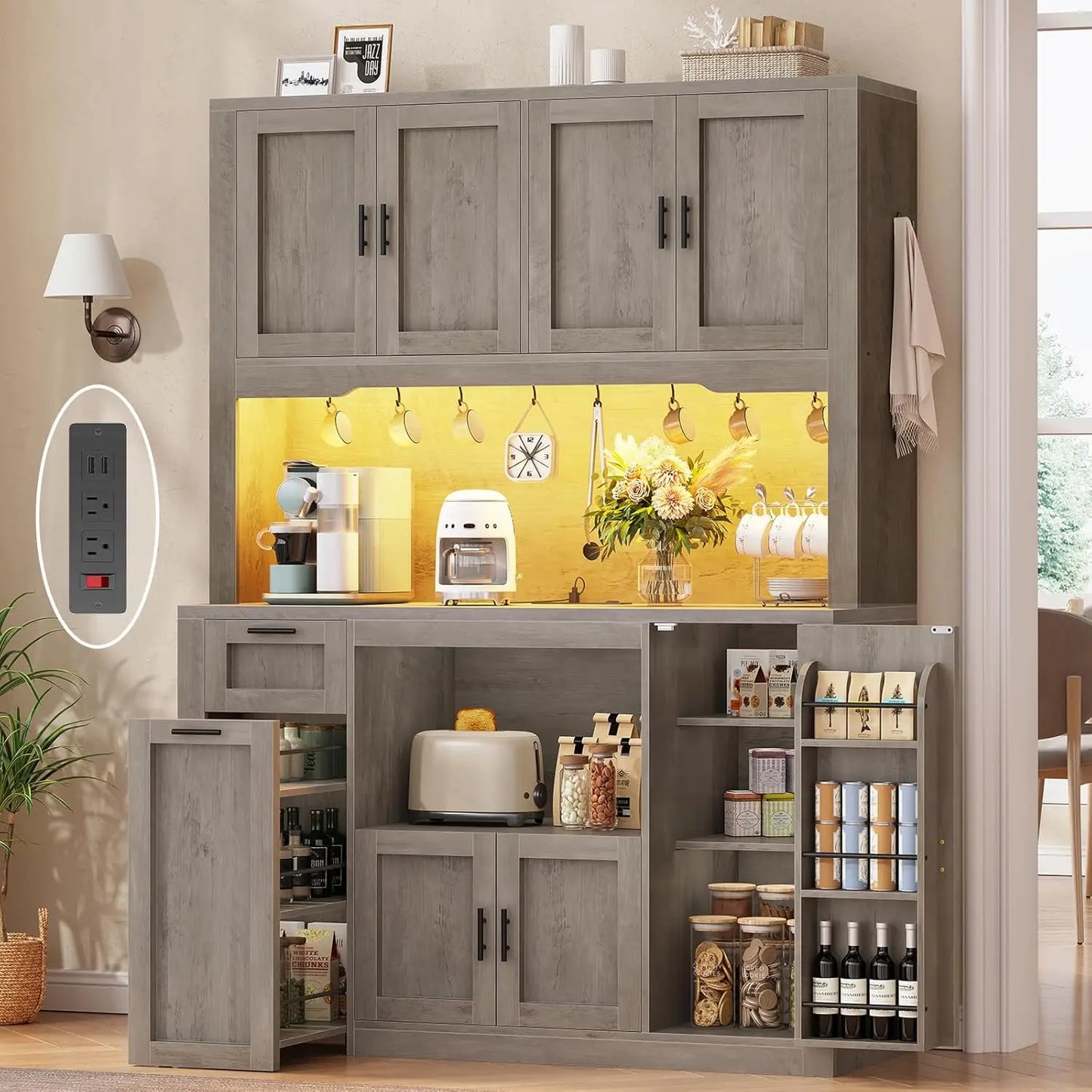 71 Inch Wide Pantry Cabinet with Charging Station And LED Light Kitchen Storage with Microwave Stand Design,Customized