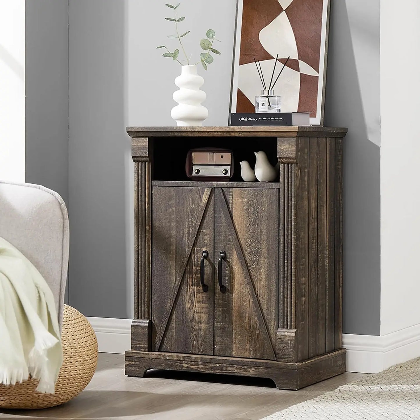 Wooden Storage Cabinet With Oak Barn Door And Shelf