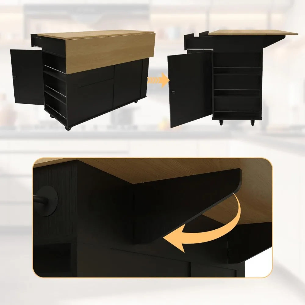 Rolling Kitchen Island Cart with Power Outlet & Drop Leaf, Kitchen Storage Cabinet On Wheels with 3 Drawers, Spice Rack & Towel