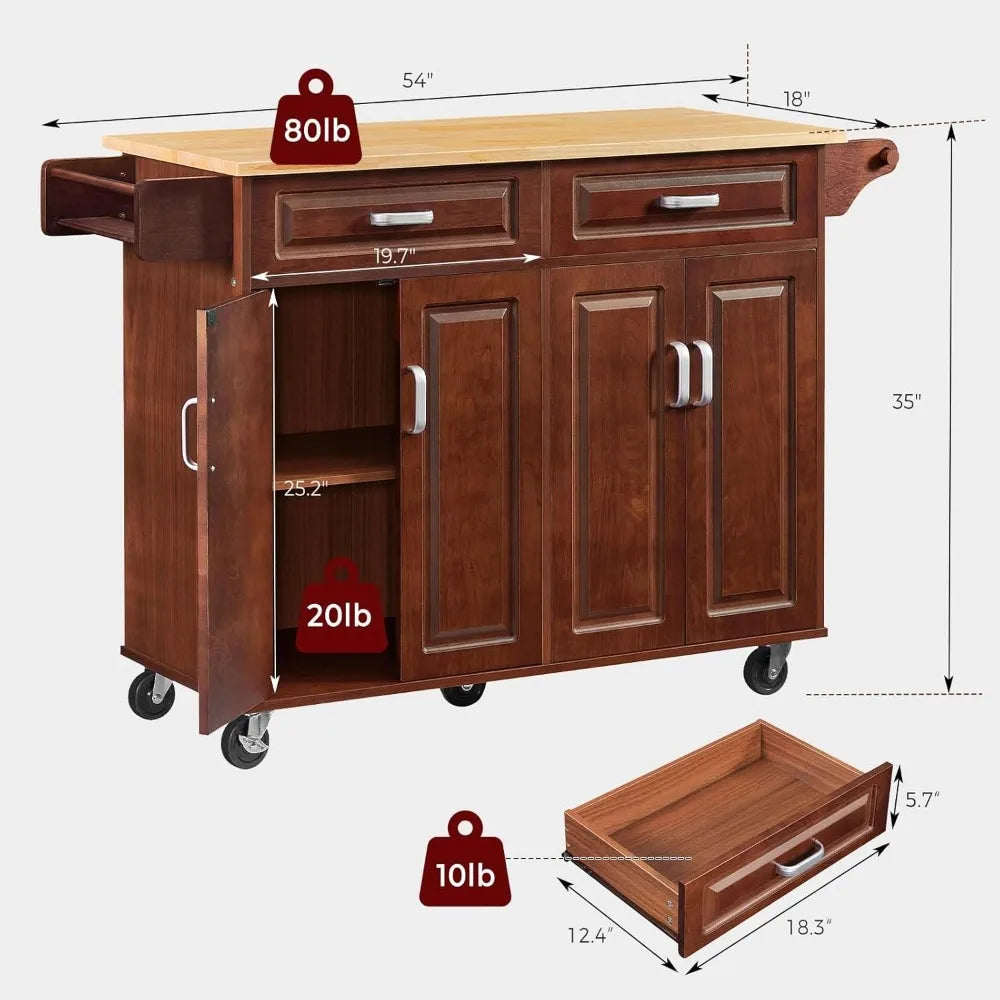 Walnut 54" Rolling Kitchen Island on Wheels, Large Kitchen Cart with Storage Cabinet, Portable Wood Island Table with 2 Drawers