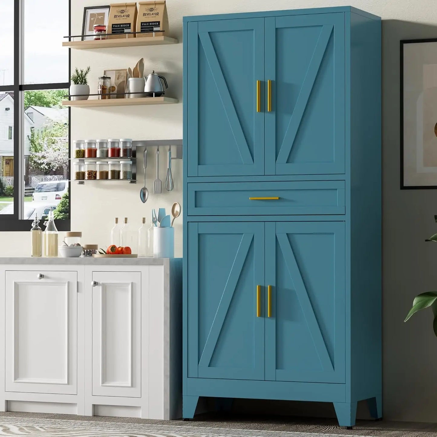 Farmhouse Metal Storage Cabinet With Drawers And Adjustable Shelves