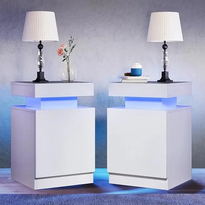 Nightstand Set of 2 with LED Lights and Storage Cabinet