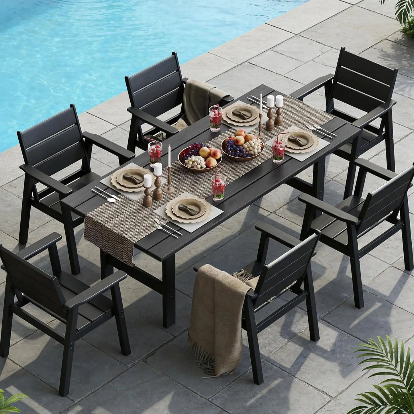 7-Piece Outdoor Dining Set with Umbrella HDPE Table and Chairs