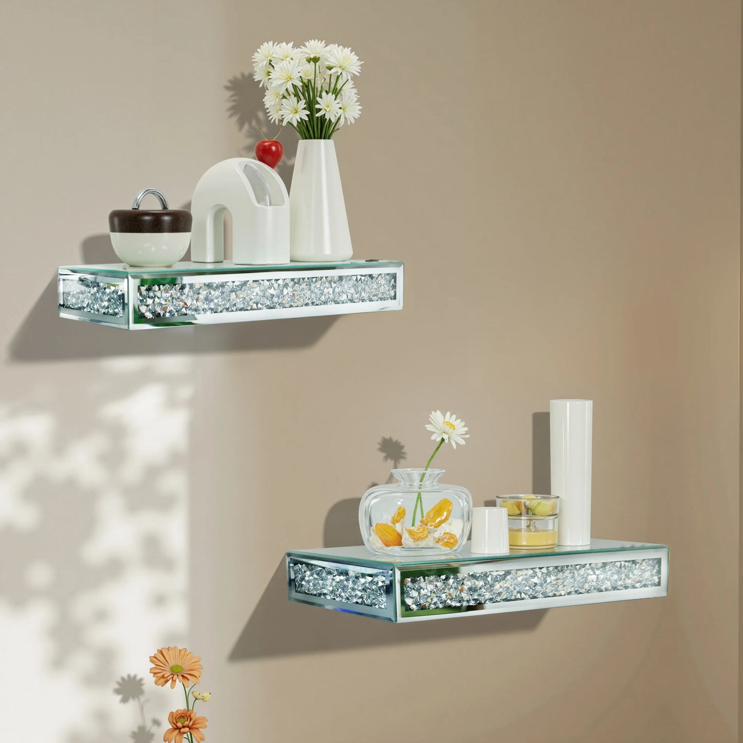 Crushed Diamond Wall Mounted Floating Shelf Mirrored Display Home Decor