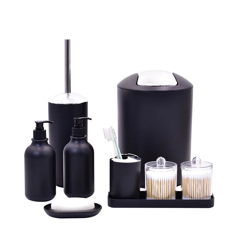 Bathroom Accessories Set 9 Piece Dispenser Toothbrush Holder Trash Can
