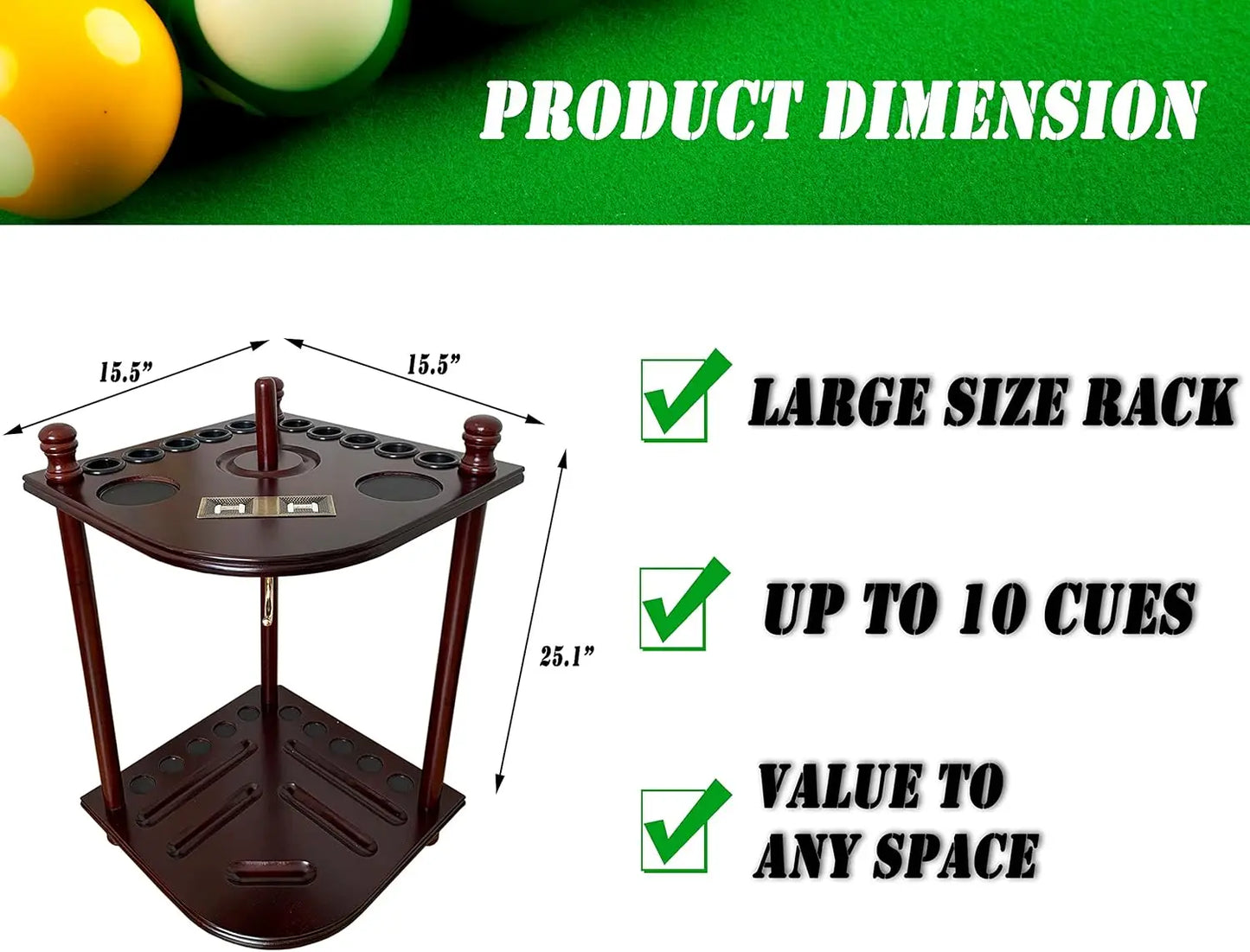 Solid Hardwood Pool Cue Rack Floor Stand For 10 Cues With Ball Set