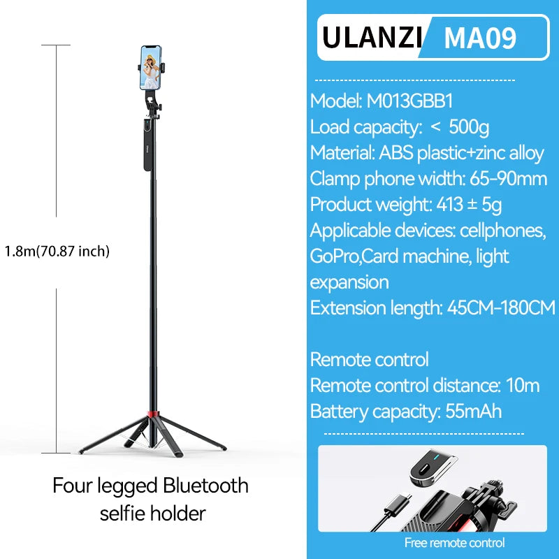 Ulanzi MA09 Selfie Stick Tripod with Remote for iPhone Android