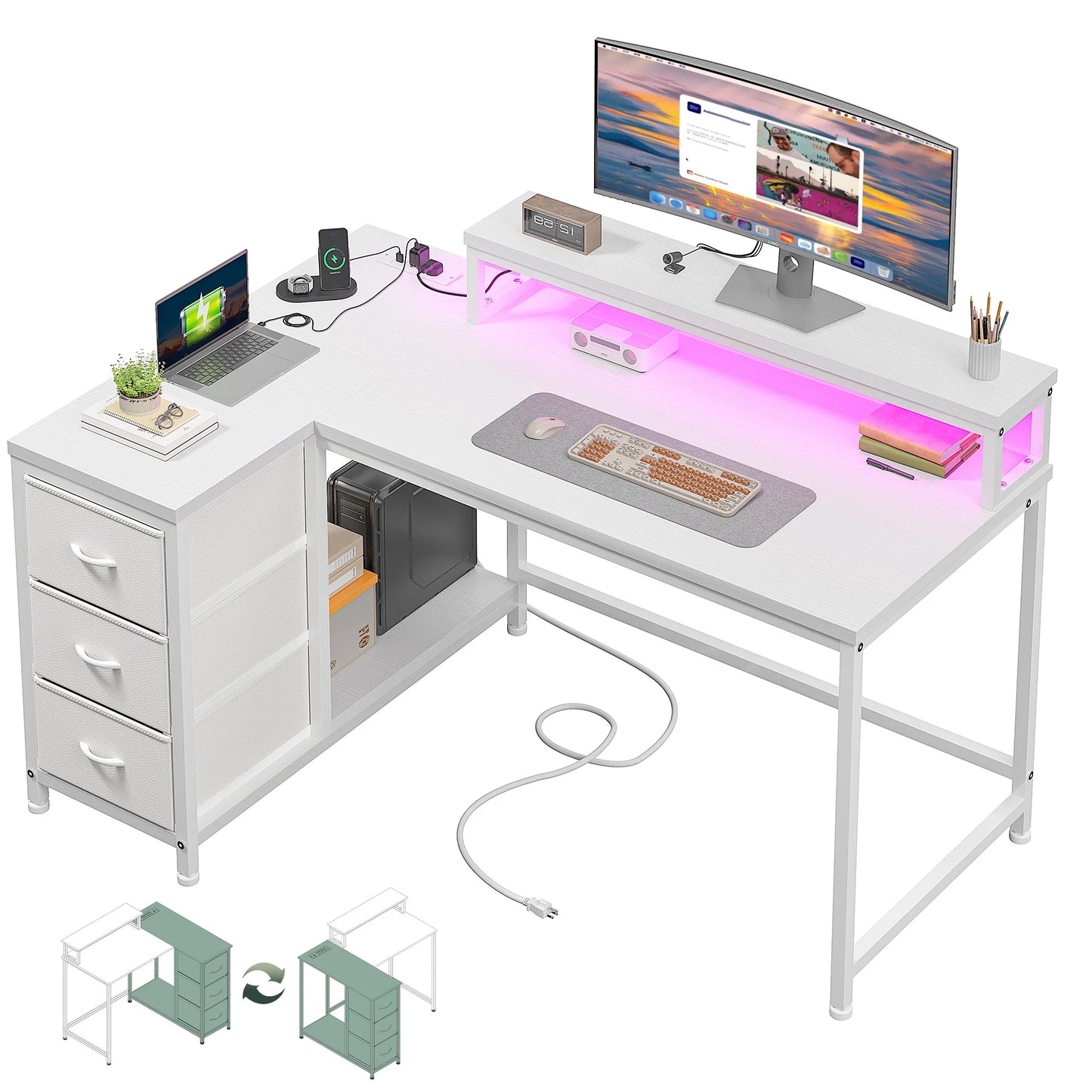 EnHomee L Shaped Computer Desk With LED Lights USB Outlet