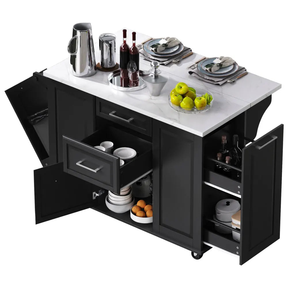 50.7" Kitchen Island with Storage Tilt Trash Can Cabinet and Pull Out Cabinet Organizer, Rolling Kitchen Island with 5 Wheels