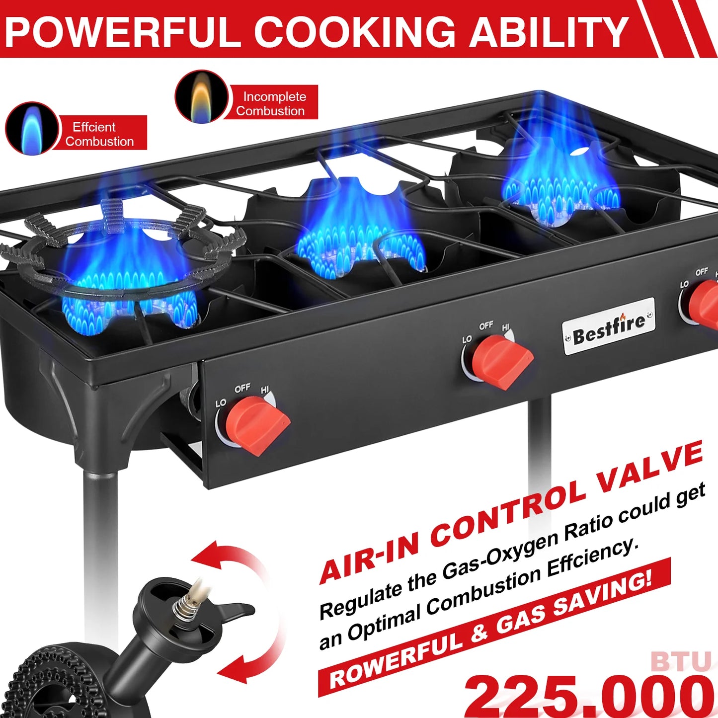 3 Burner Propane Camping Stove High Power Outdoor Gas Burner Cooker with Removable Legs Adjustable Regulator for BBQ Catering