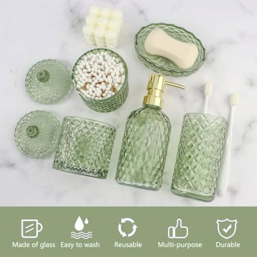 Glass Bathroom Accessories Set With Toothbrush Holder And Soap Dispenser