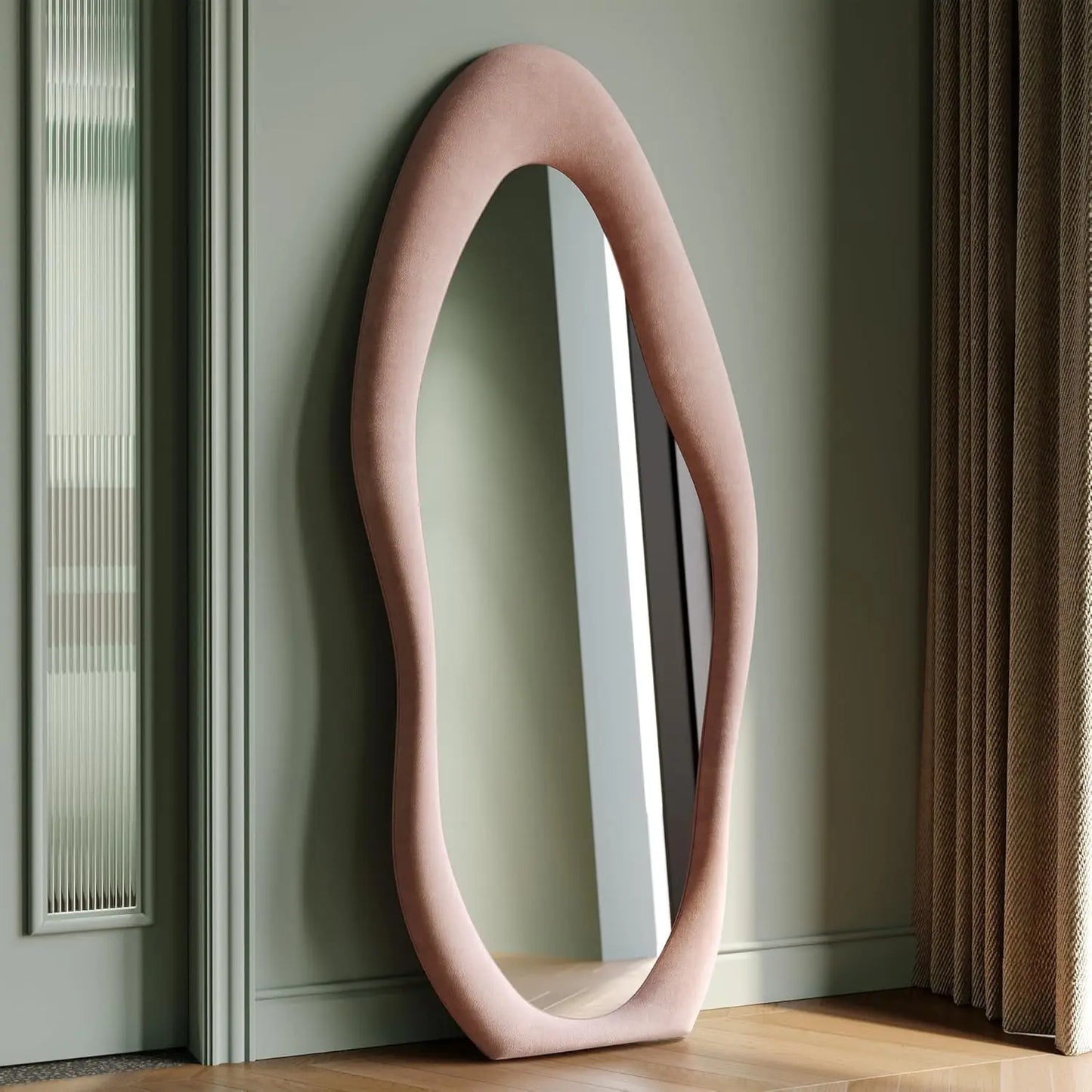 Wave Mirror With Wooden Flannel-Wrapped Frame For Bedroom Decor