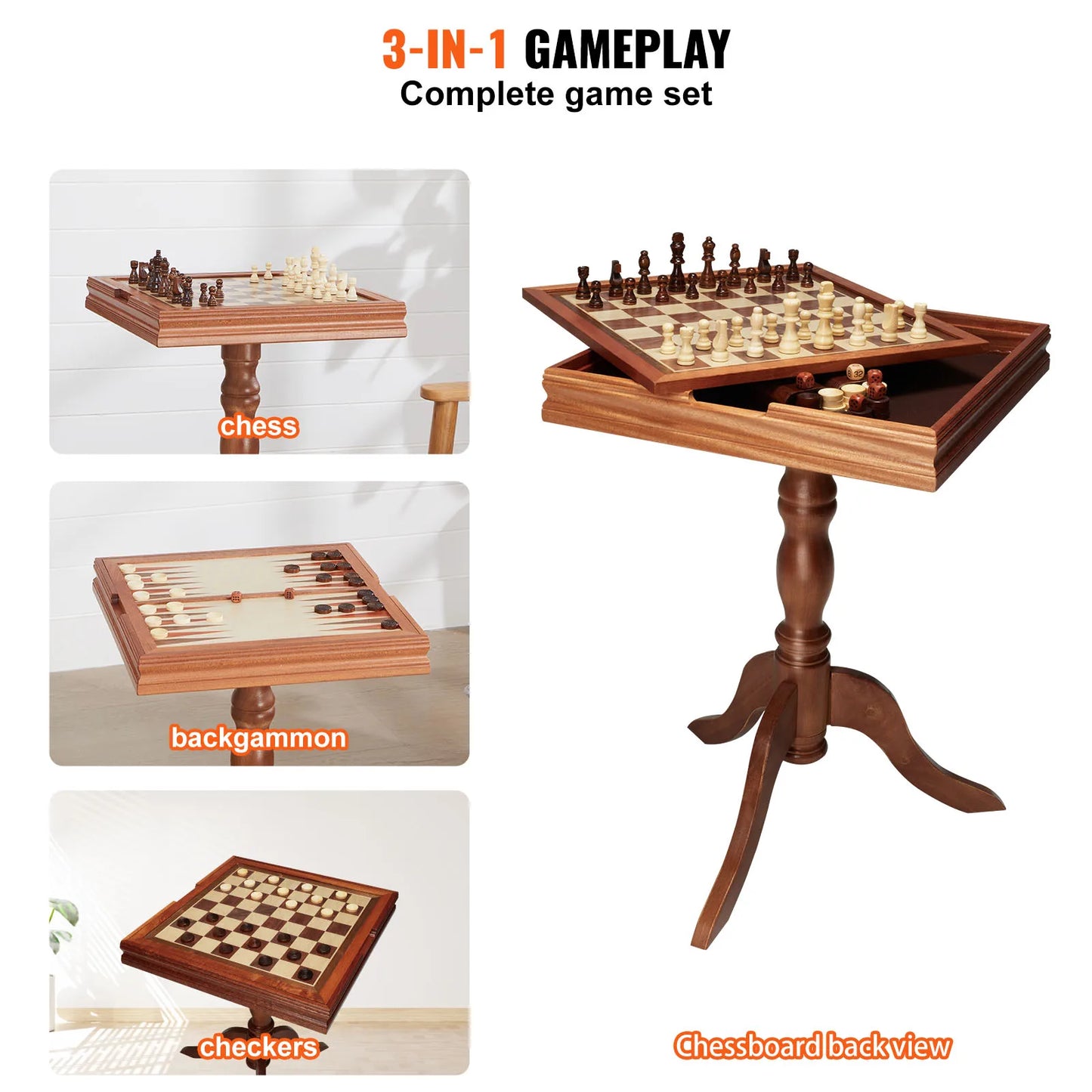 SucceBuy 3 in 1 Chess Checkers Backgammon Table Set Deluxe