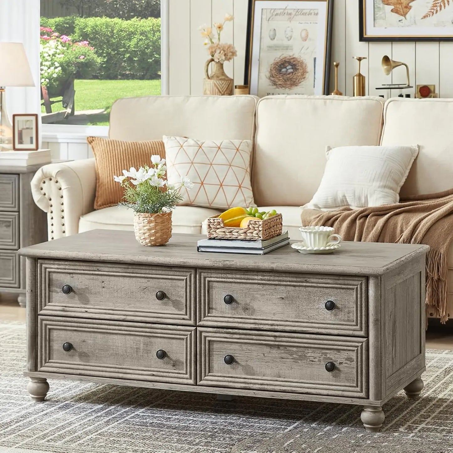 HUANZHUANG Farmhouse Coffee Table With Hidden Storage And 4 Drawers Solid Wood