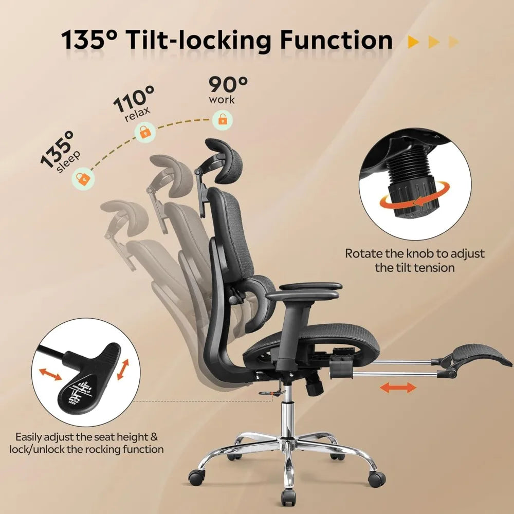 Ergonomic Mesh Office Chair With Footrest And High Back Reclining
