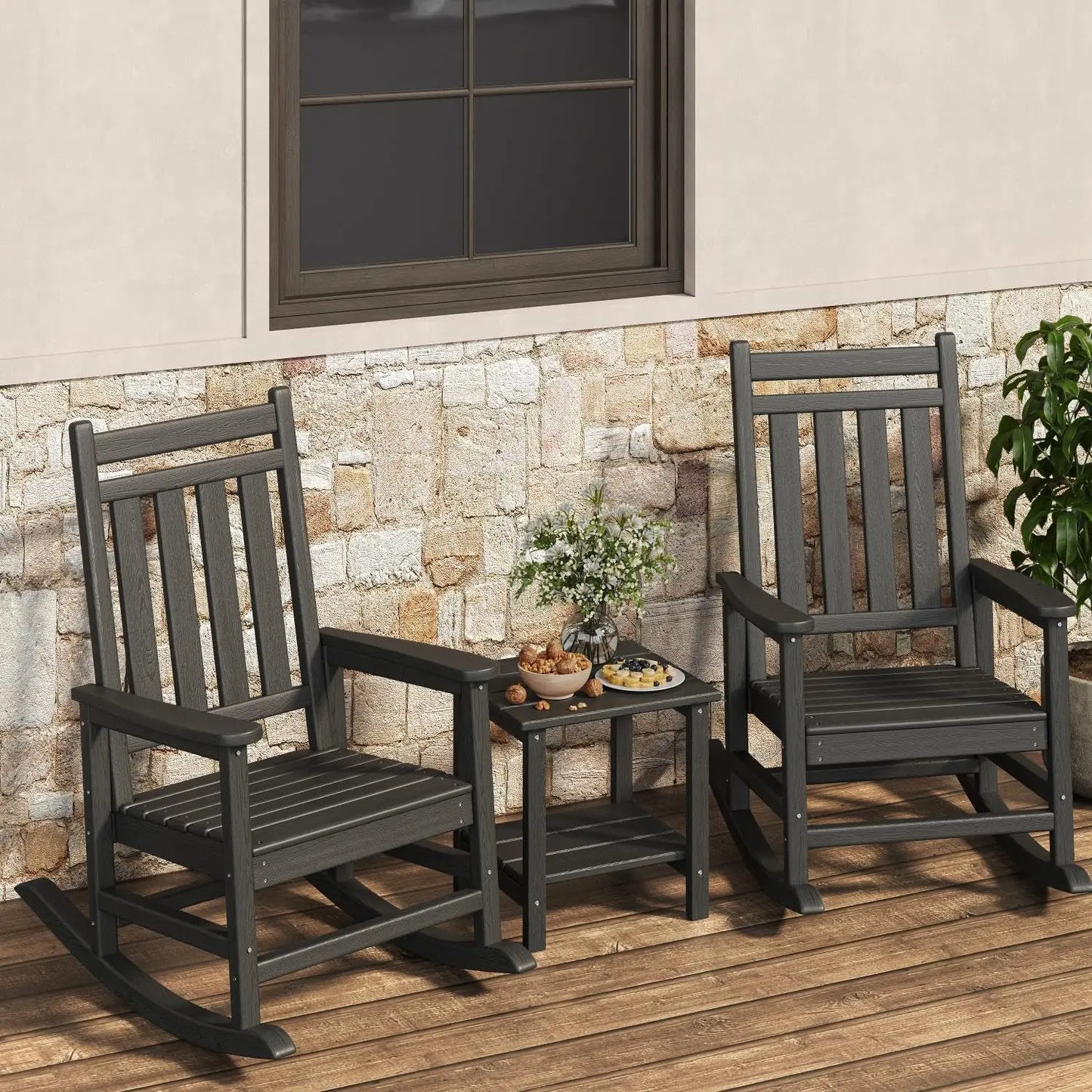 HiMISS Outdoor Poly Lumber Rocking Chair Set With Side Table