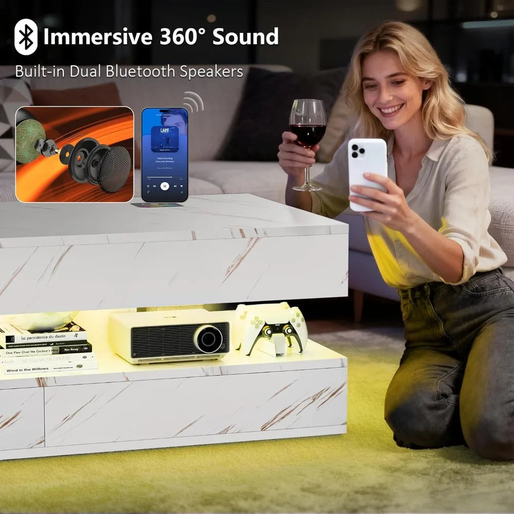 Modern Coffee Table With Wireless Charging, Bluetooth Speaker, Storage Drawers