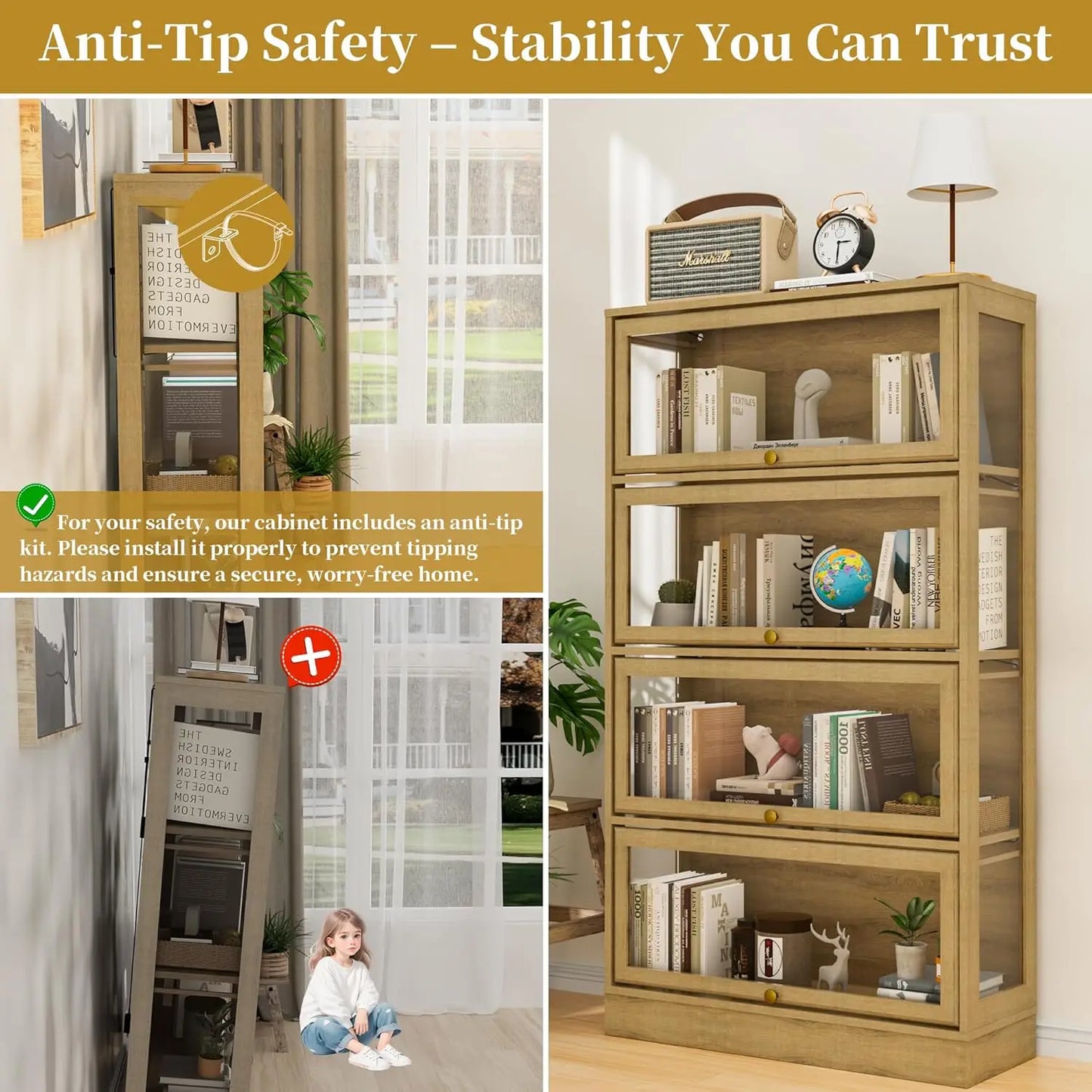 ZHILU Acrylic Glass Doors Display Cabinet 4 Tier Led Curio For Collectibles