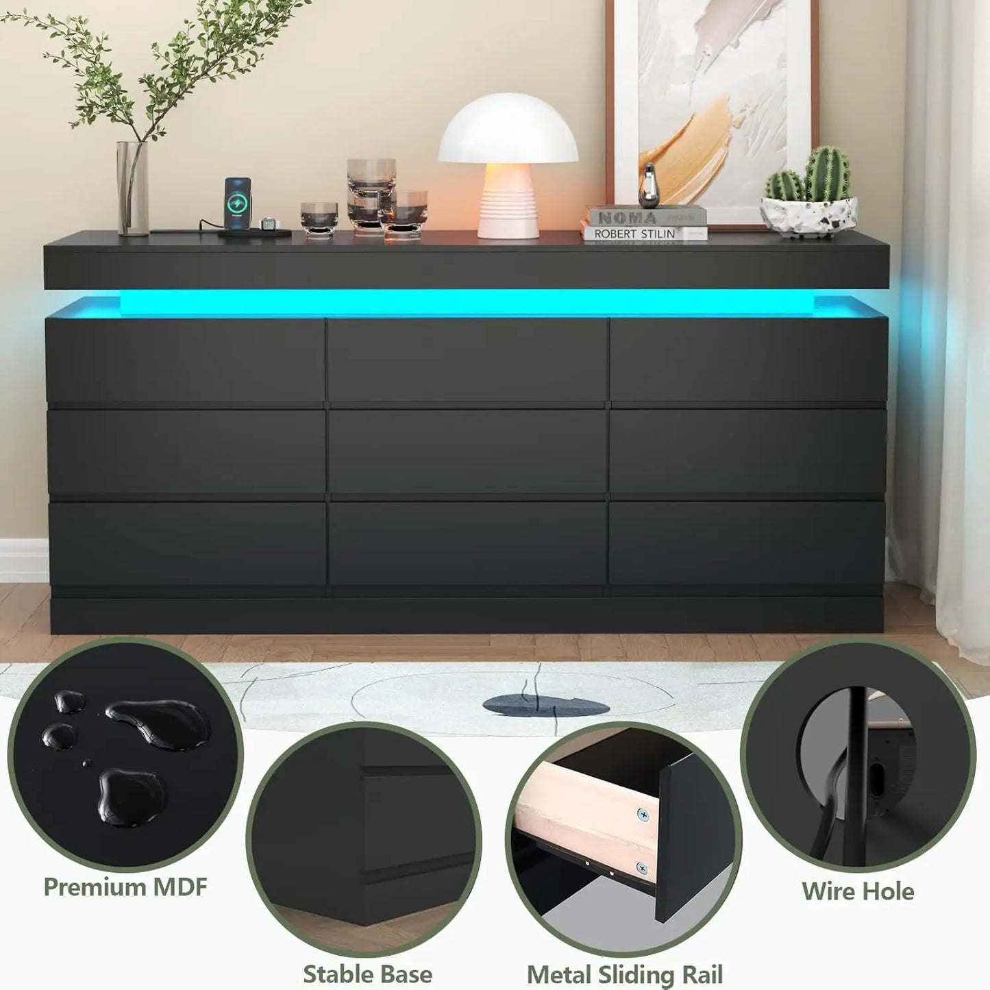 XMSJ 9-Drawer Dresser With Power Outlet And LED Light