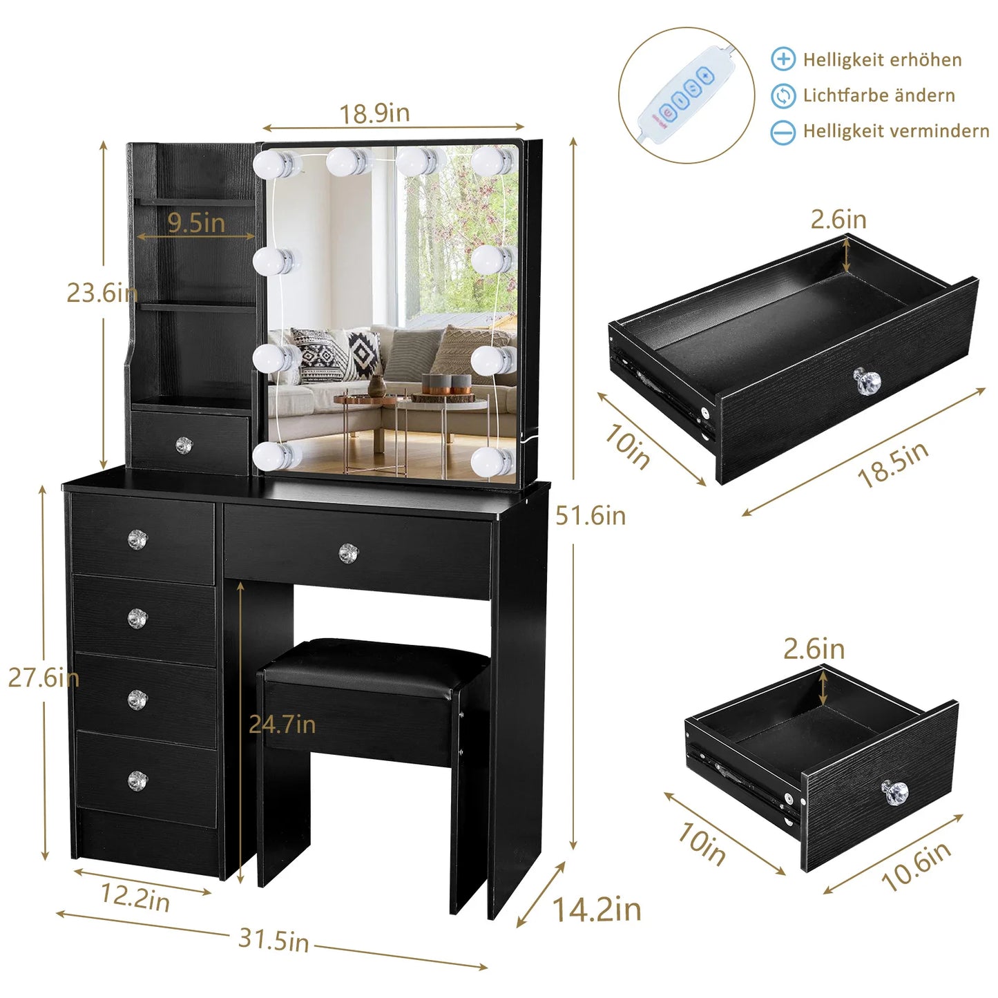 Yamissi Dressing Table Makeup Desk With Stool And LED Mirror
