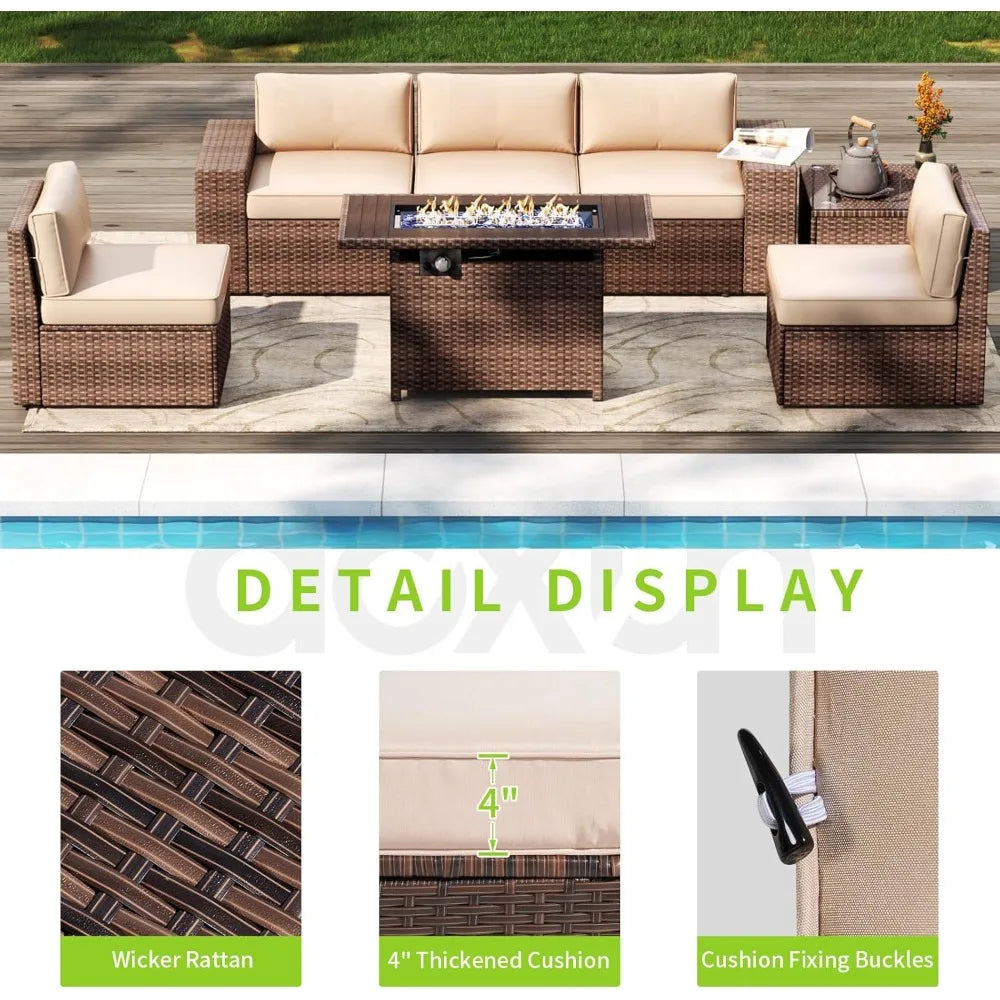 Outdoor 7 Piece Patio Furniture Set With Fire Pit Table And Cushions