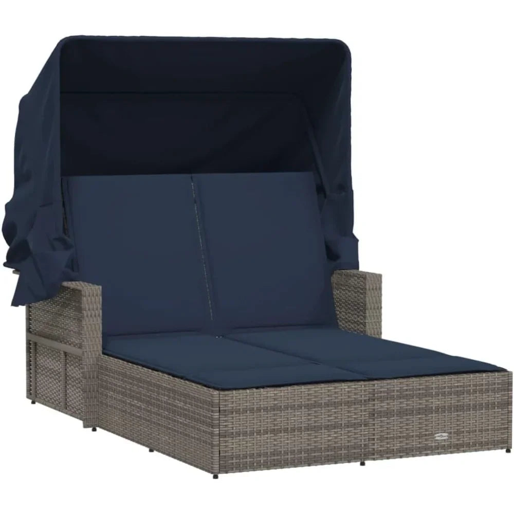 Outdoor Wicker Sun Lounger With Folding Canopy For Patio Garden