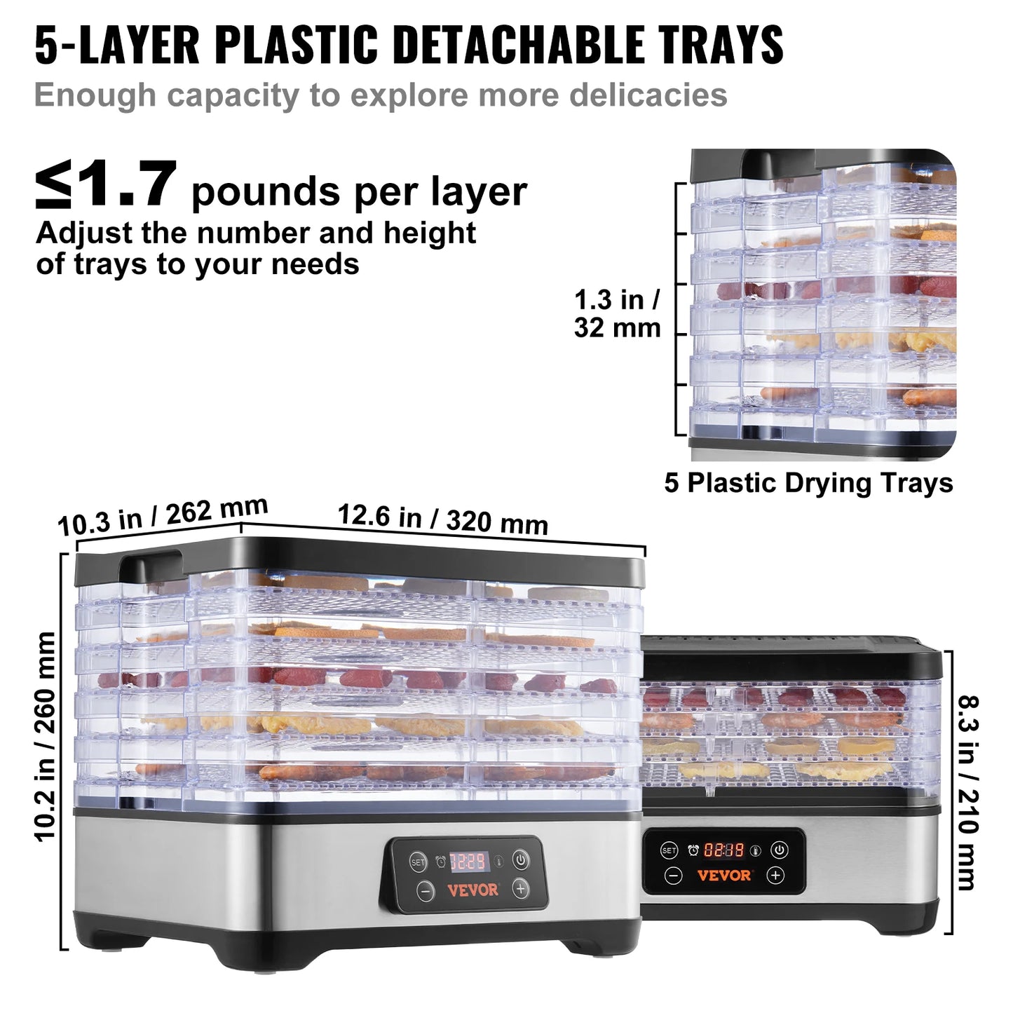 VEVOR 5 Tray Food Dehydrator Machine 300W Stainless Steel