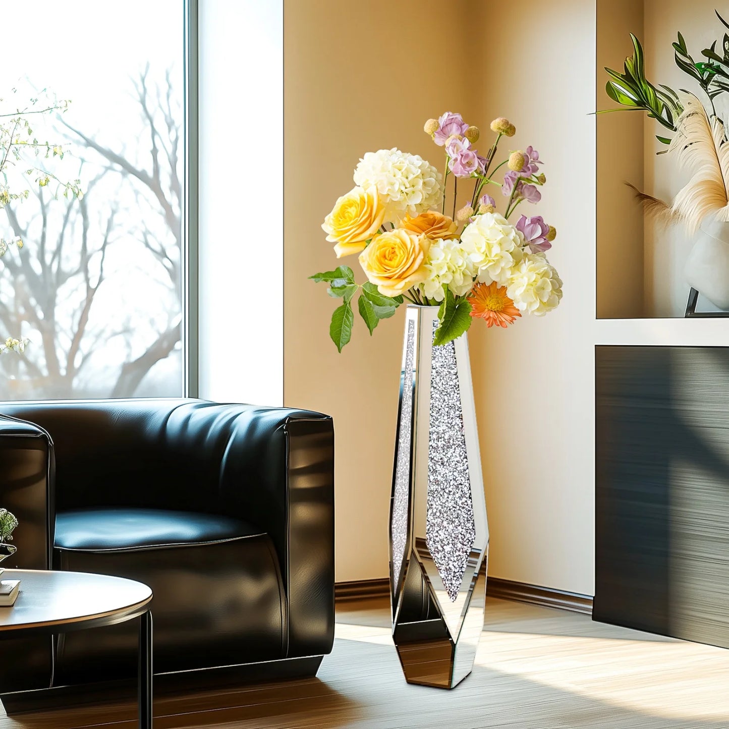 Crushed Diamond Mirrored Floor Vase Glass For Pampas Grass