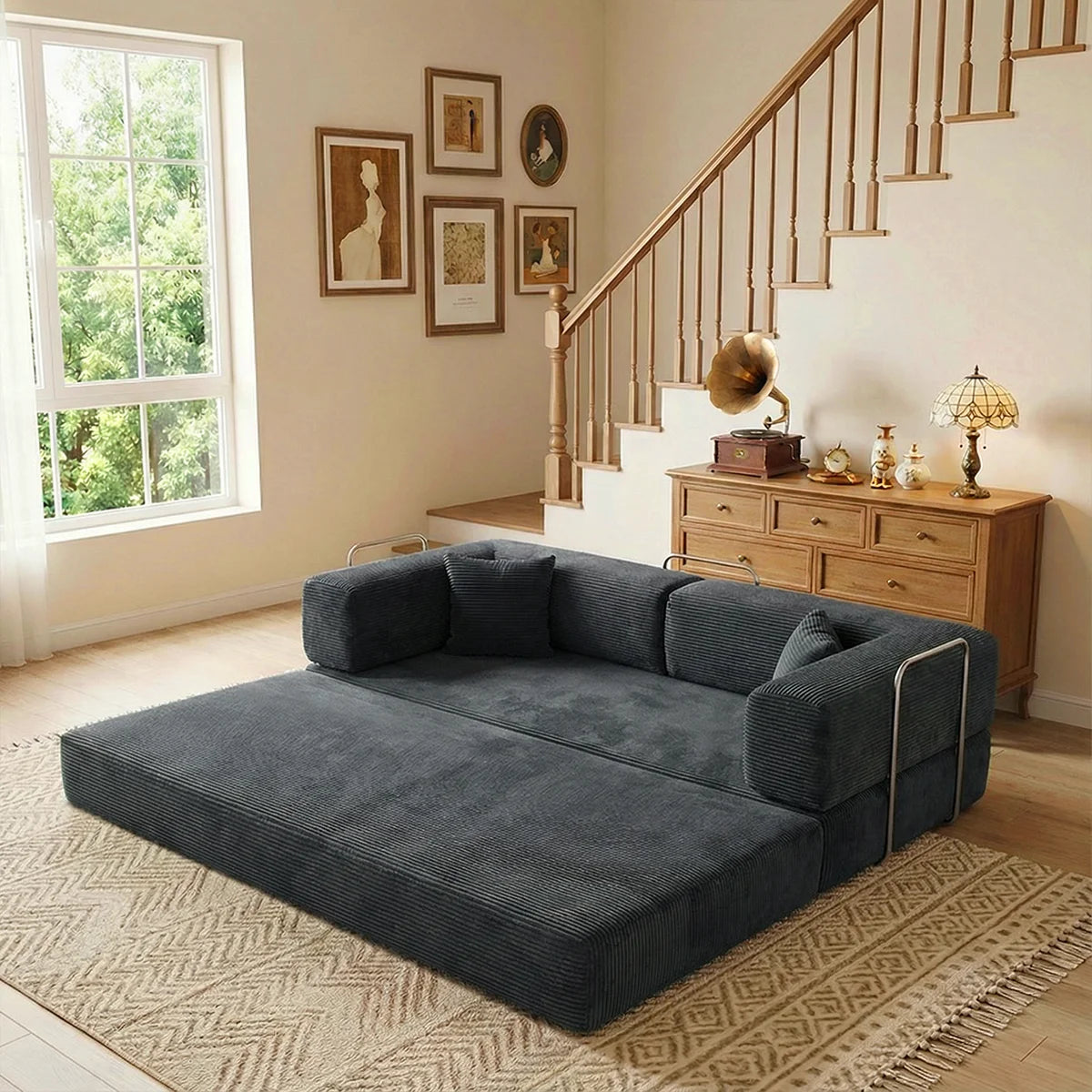 Futon Sofa Bed 4-In-1 Folding Corduroy Loveseat for Living Room