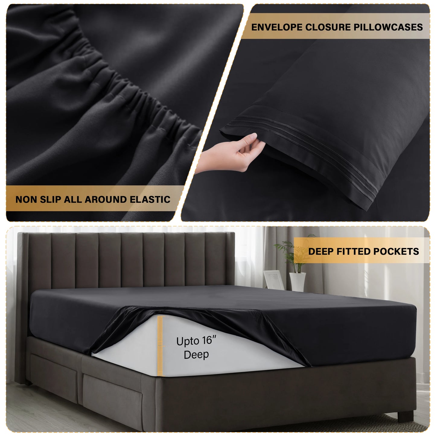 Lux Décor 6Pc Solid Sheet Set – Brushed Microfiber, 16" Deep Pockets, with Embroidered & Plain Pillowcases