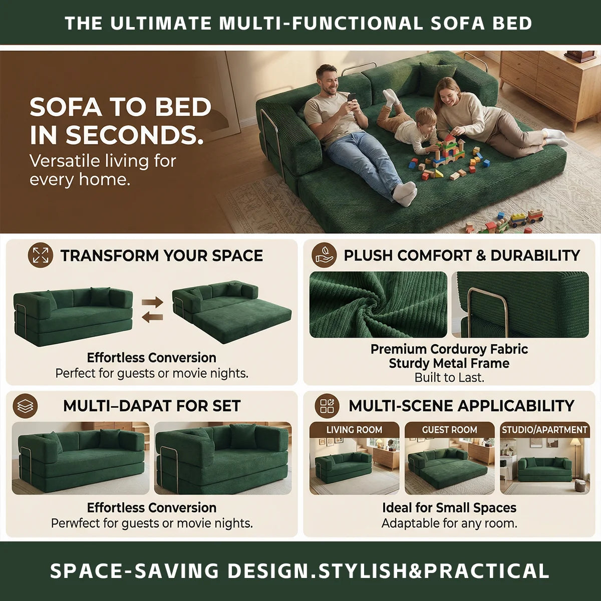 Futon Sofa Bed 4-In-1 Folding Corduroy Loveseat for Living Room