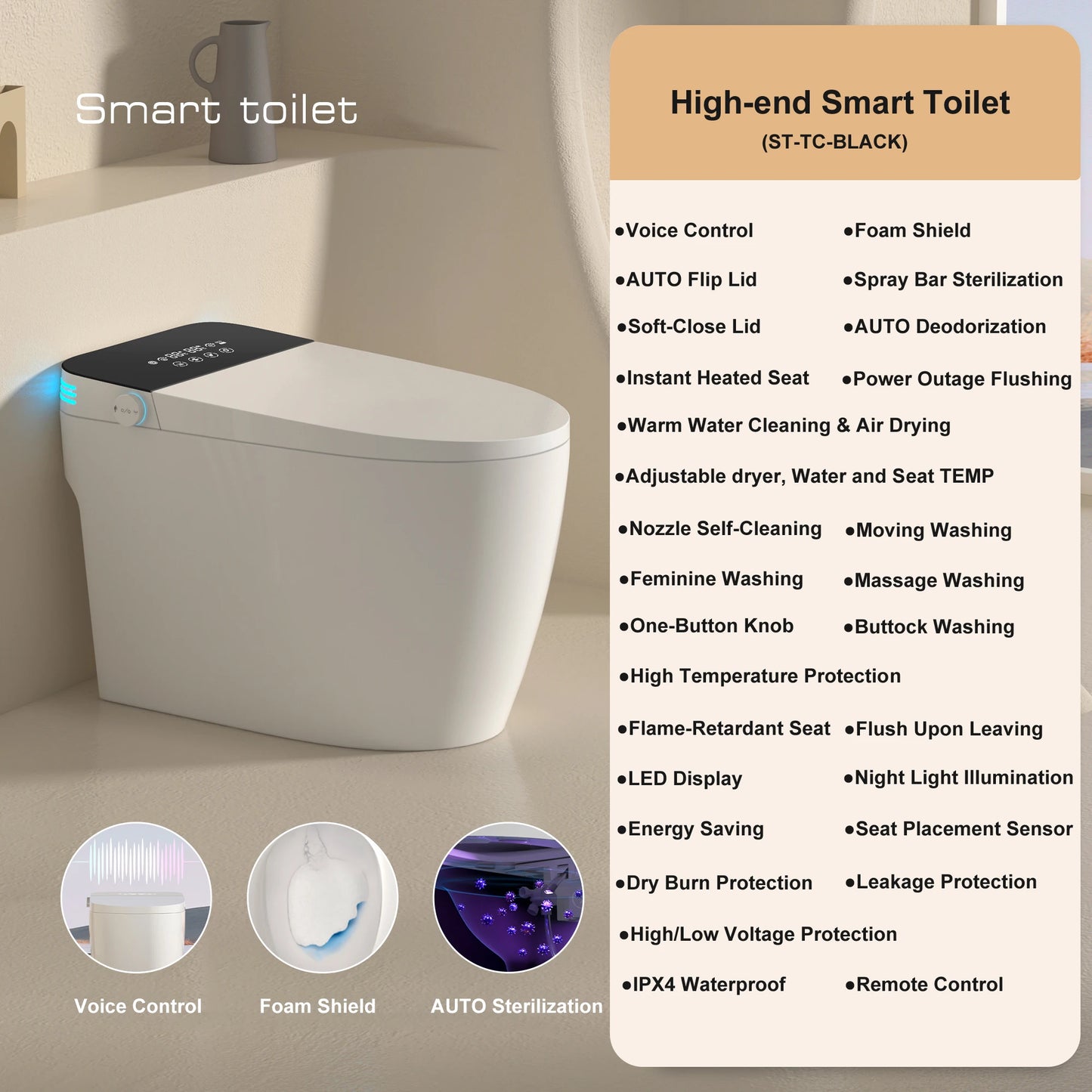 Smart Toilet With Built-In Bidet Auto Open Close Dual Flush
