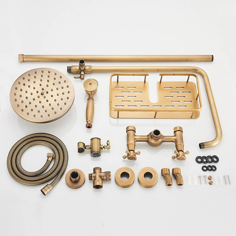 SAFLIHCAR Brass Antique Shower Faucet Set Wall Mount Dual Handshower