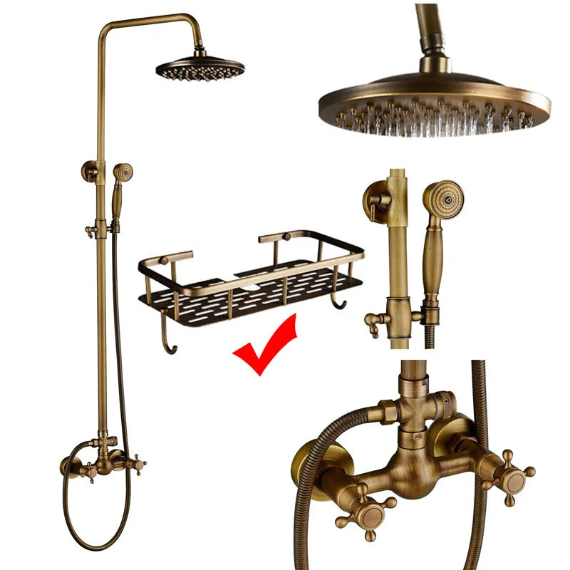SAFLIHCAR Brass Antique Shower Faucet Set Wall Mount Dual Handshower