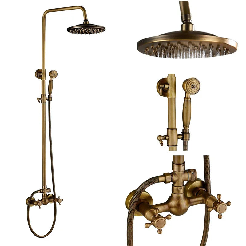 SAFLIHCAR Brass Antique Shower Faucet Set Wall Mount Dual Handshower