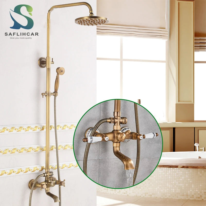SAFLIHCAR Brass Antique Shower Faucet Set Wall Mount Dual Handshower