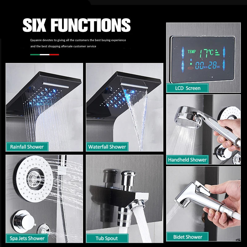 Quyanre LED Shower Panel Six Functions Column Bidet Taps
