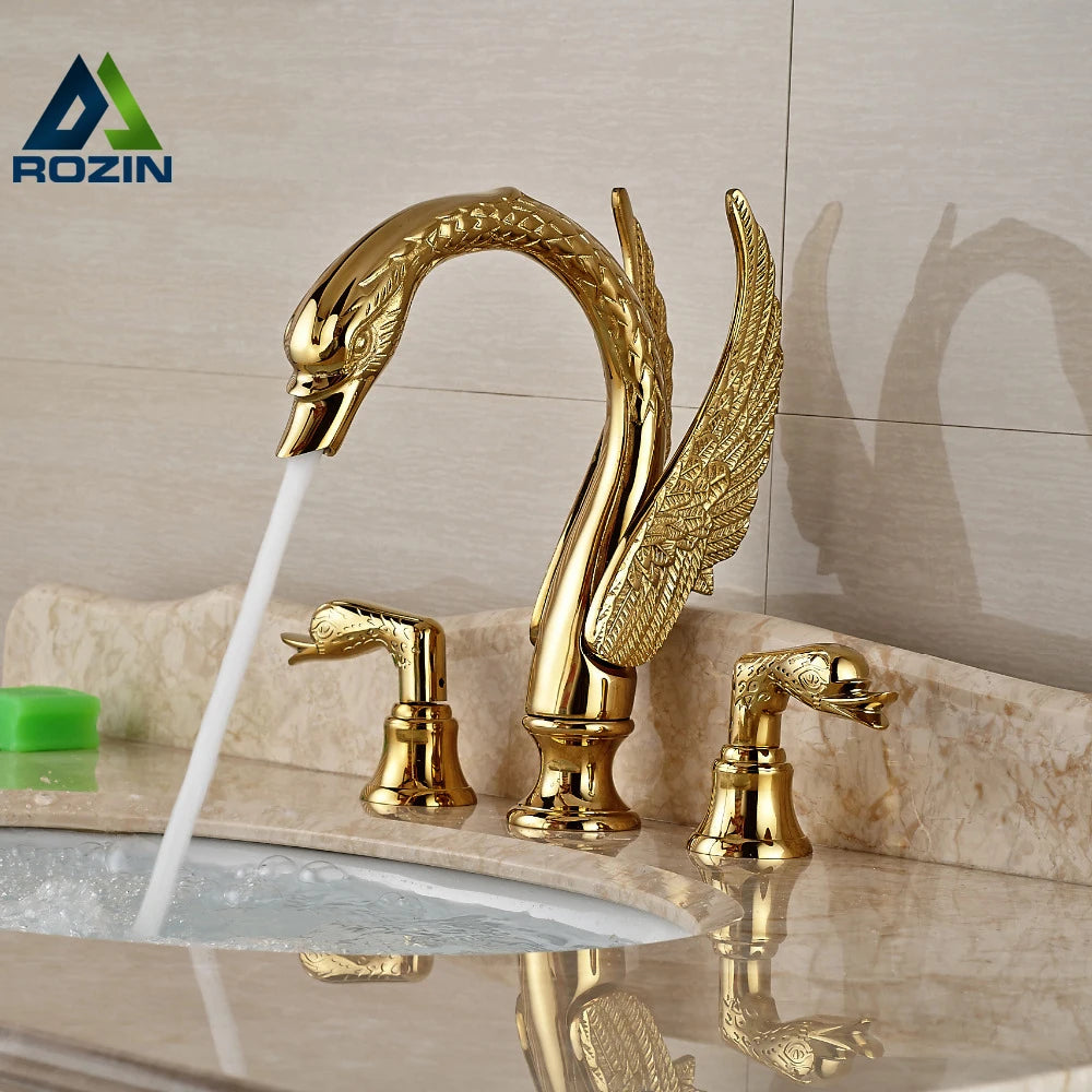 Rozin Swan Shape Brass Faucet With Dual Handles Deck Mount