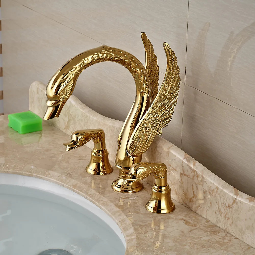 Rozin Swan Shape Brass Faucet With Dual Handles Deck Mount