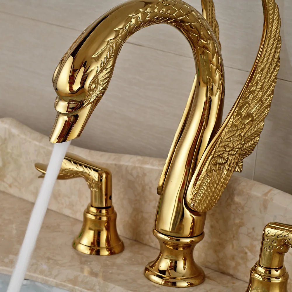 Rozin Swan Shape Brass Faucet With Dual Handles Deck Mount