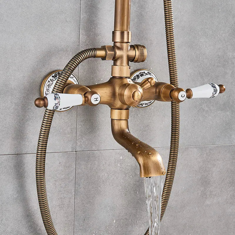 SAFLIHCAR Brass Antique Shower Faucet Set Wall Mount Dual Handshower