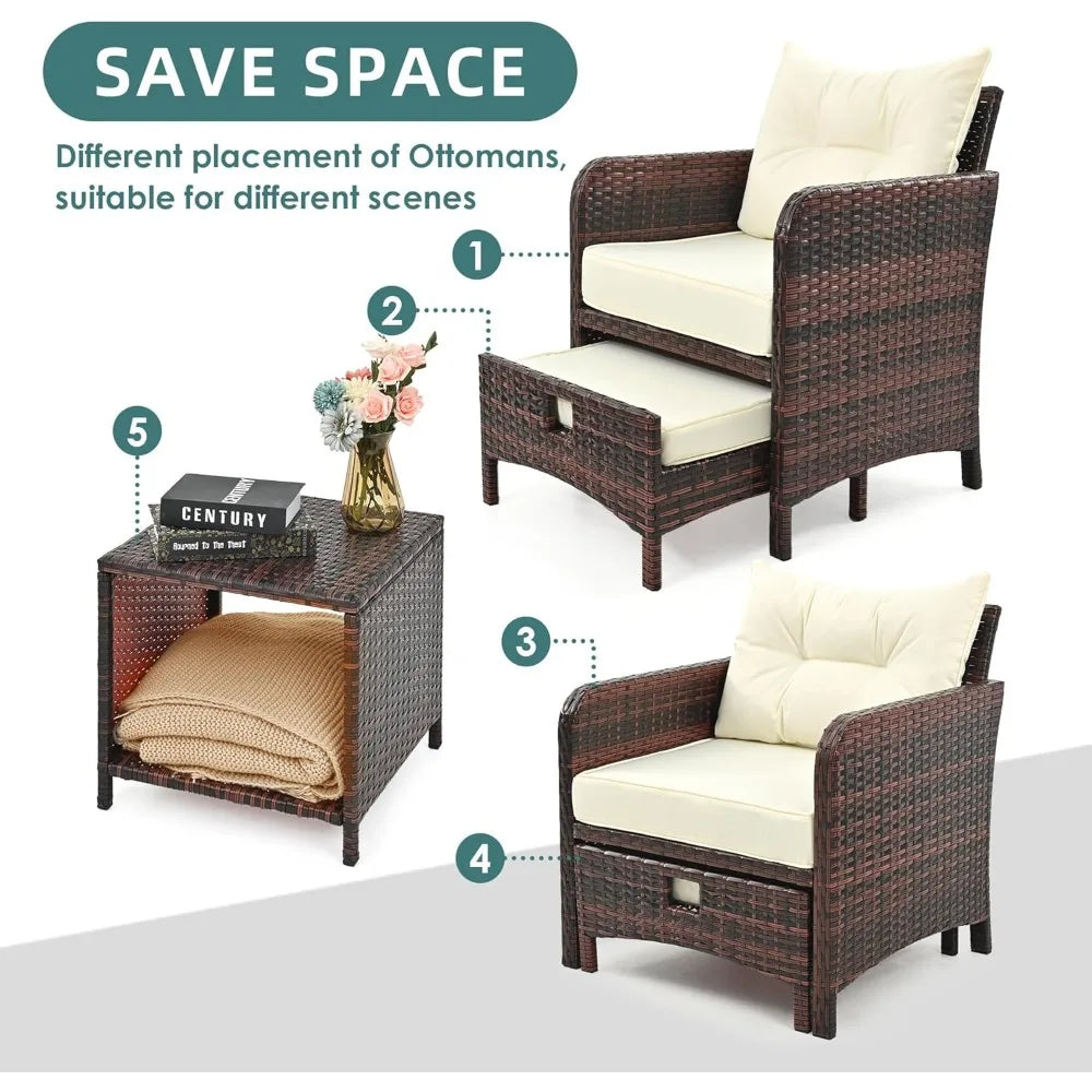 5-Piece Rattan Patio Furniture Set With Ottomans And Coffee Table