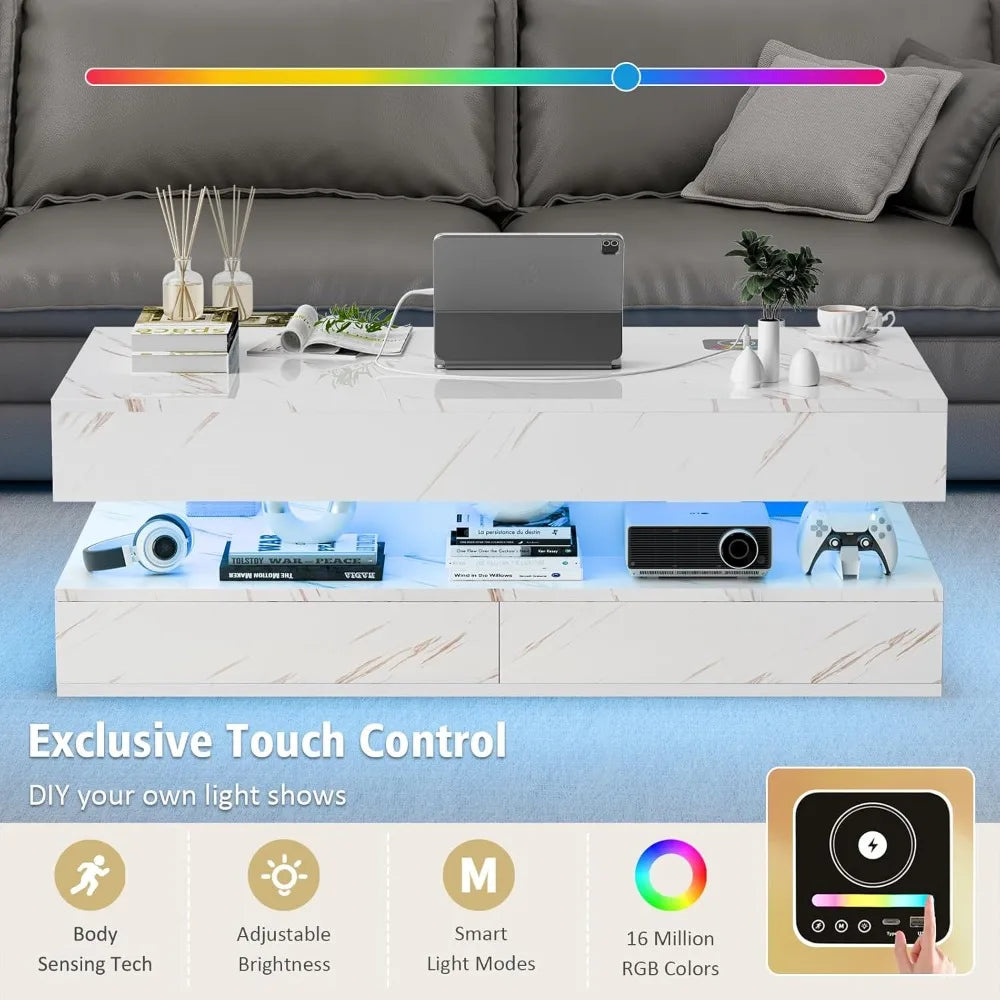 Modern Coffee Table With Wireless Charging, Bluetooth Speaker, Storage Drawers