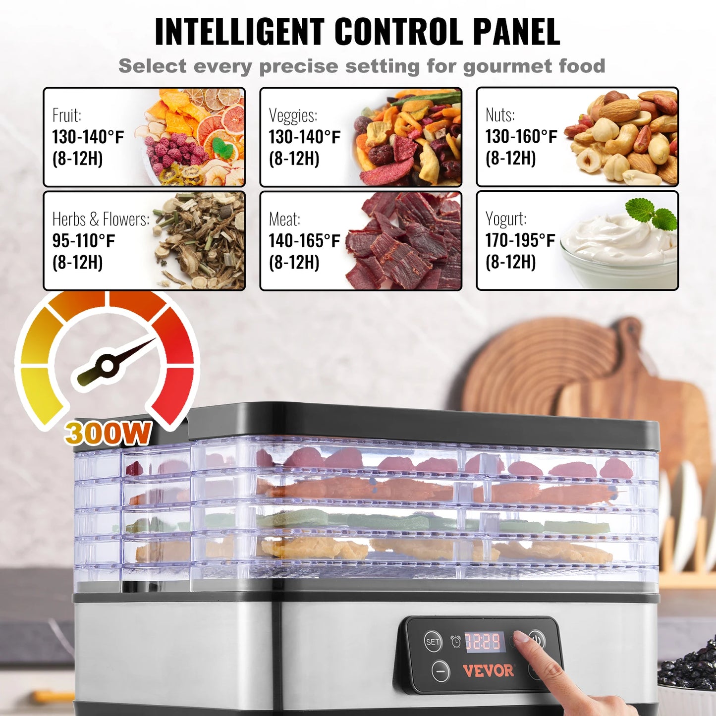 VEVOR 5 Tray Food Dehydrator Machine 300W Stainless Steel